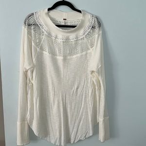 Womens Cream Lace Yoke Long Sleeve Top